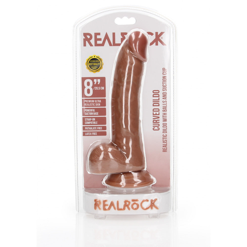 Real Rock Curved Realistic Testicle Dildo 8" Mocha