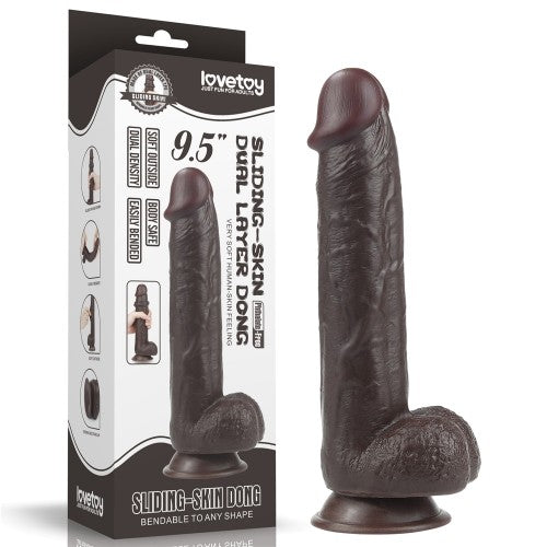 Realistic Double Layer Sliding Skin Dong 9.5" Dark Brown Dildo