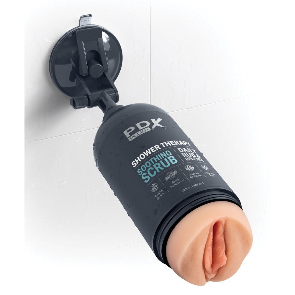 Realistic vagina masturbator in a discreet case with PDX Soothing Scrub vacuum attachment