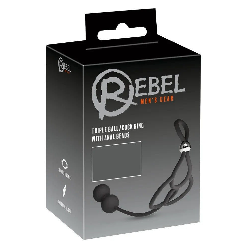 Rebel Man's Gear Triple Silicone Cock Ring with Anal Beads