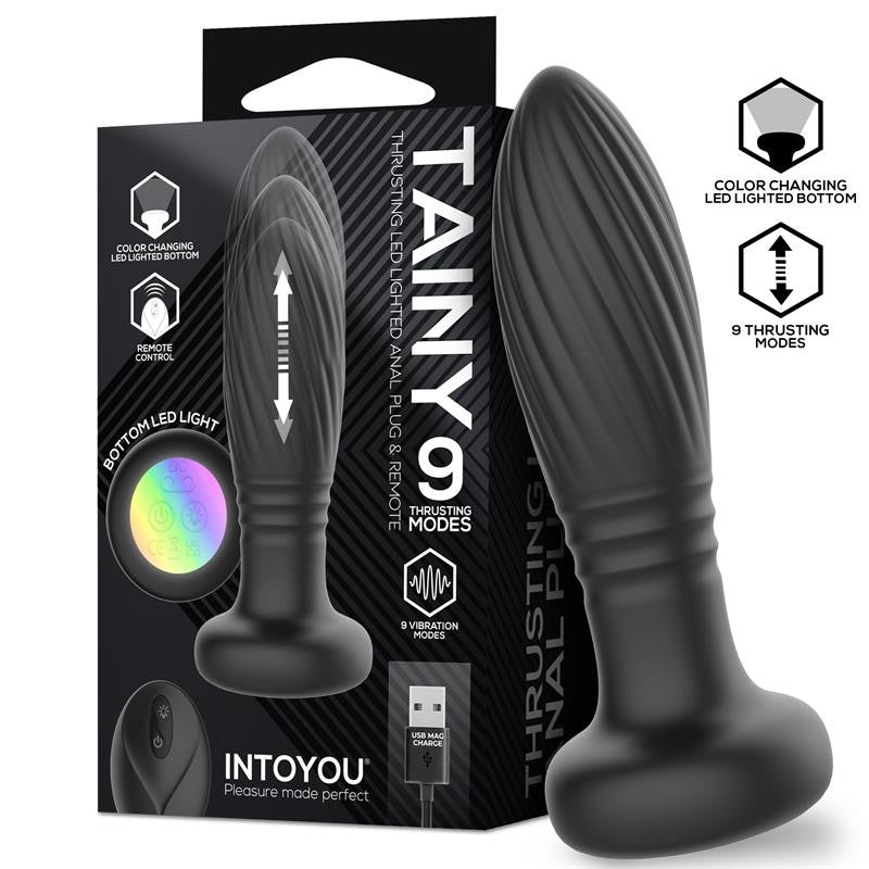 Rechargeable Silicone Vibrating and Thrusting Butt Plug with Remote Control and LED Light Tainy