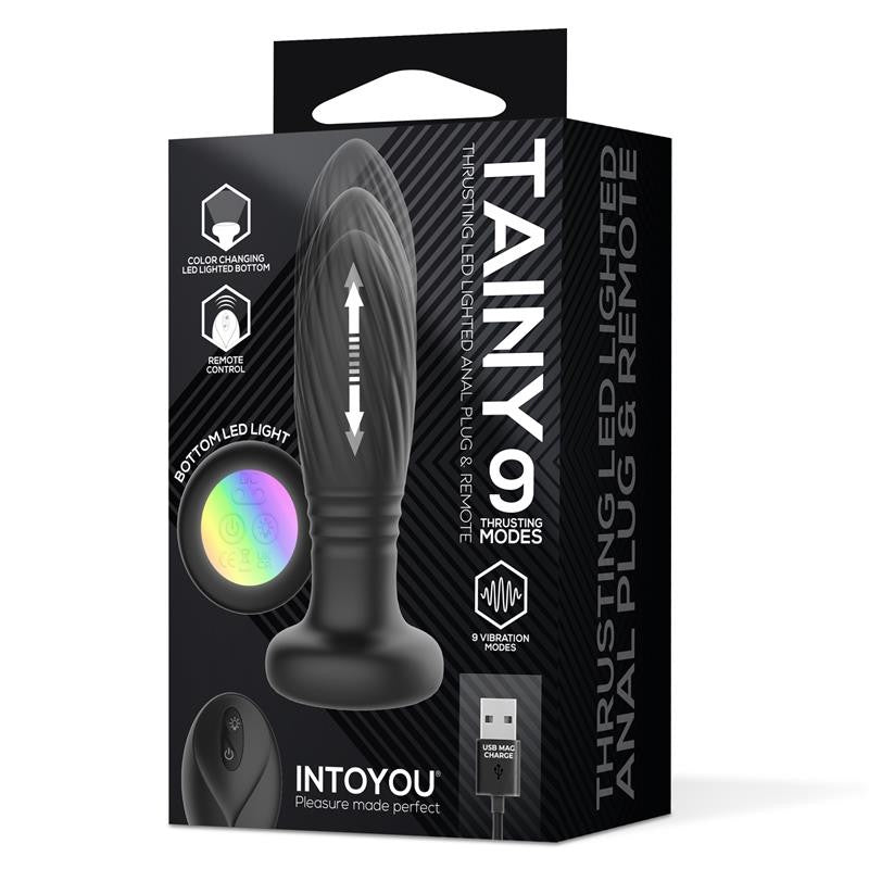 Rechargeable Silicone Vibrating and Thrusting Butt Plug with Remote Control and LED Light Tainy