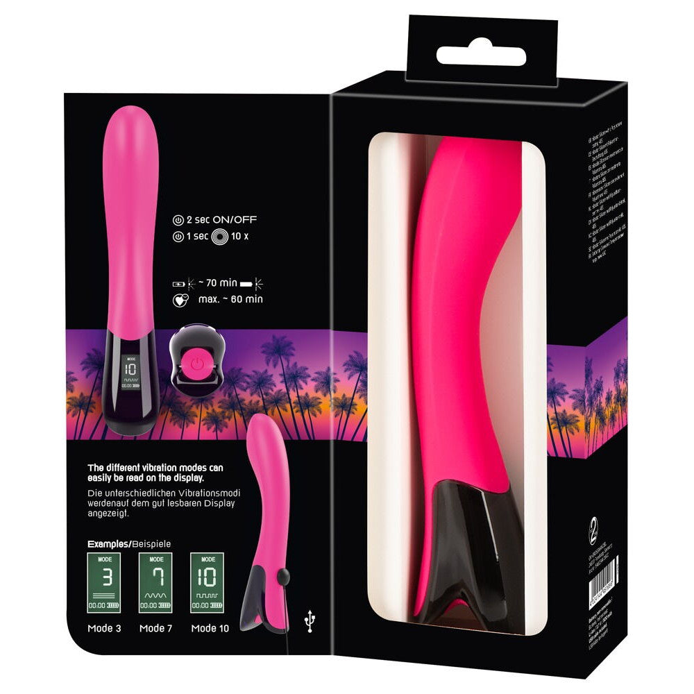 Rechargeable silicone G-spot vibrator with Pink Sunset display