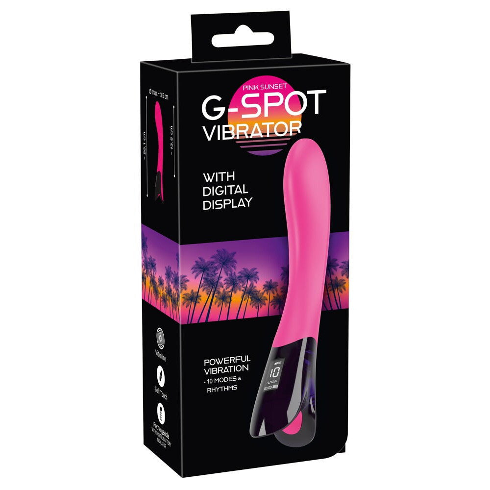 Rechargeable silicone G-spot vibrator with Pink Sunset display