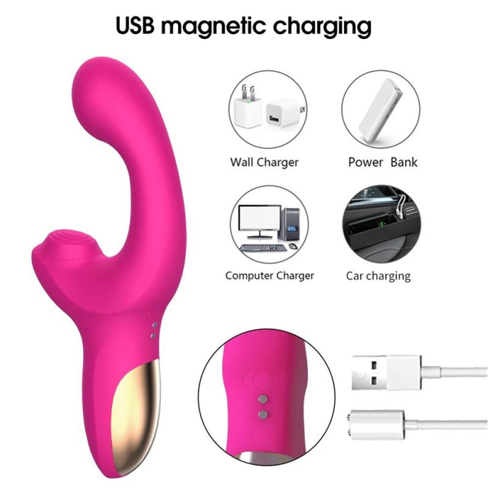 Rechargeable silicone vibrator with come-tuck movement and Volse clitoral stimulator