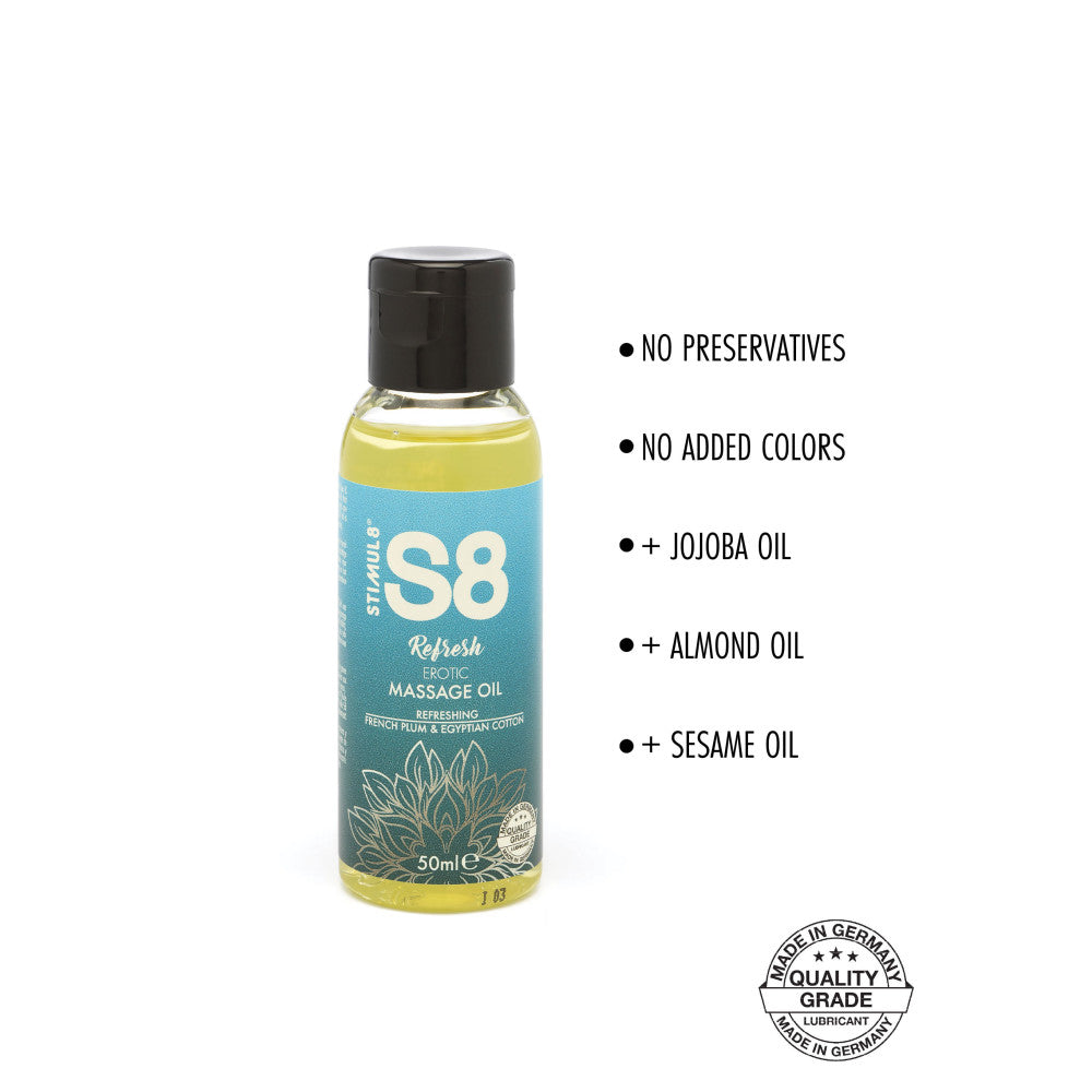 Refreshing massage oil with the aroma of French plum and Egyptian cotton S8 Refresh 50 ml.