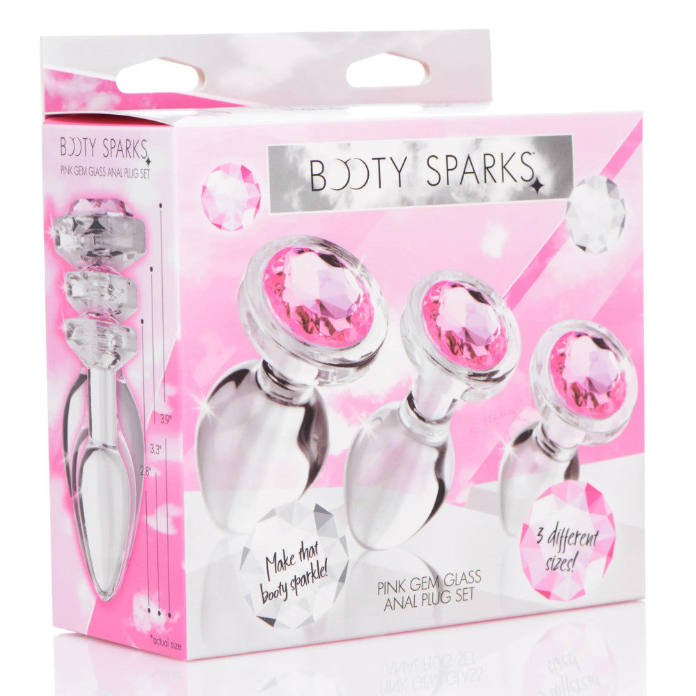 Set of 3 Booty Sparks Pink Gem glass butt plug with pink crystal