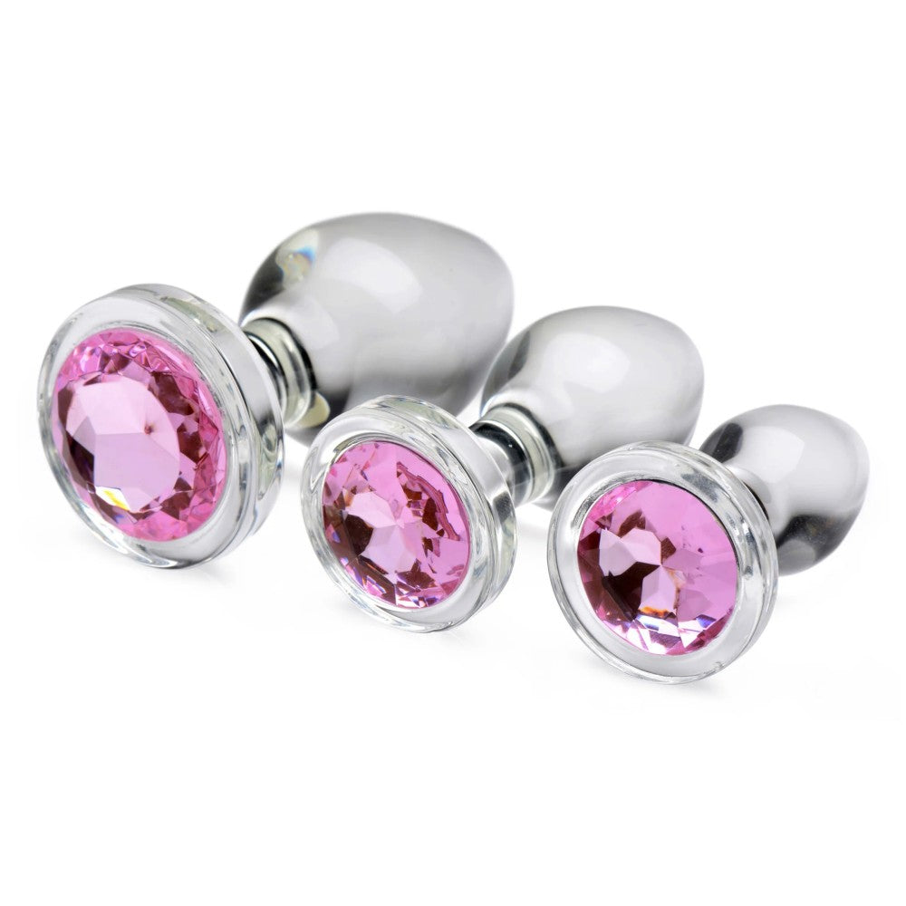 Set of 3 Booty Sparks Pink Gem glass butt plug with pink crystal