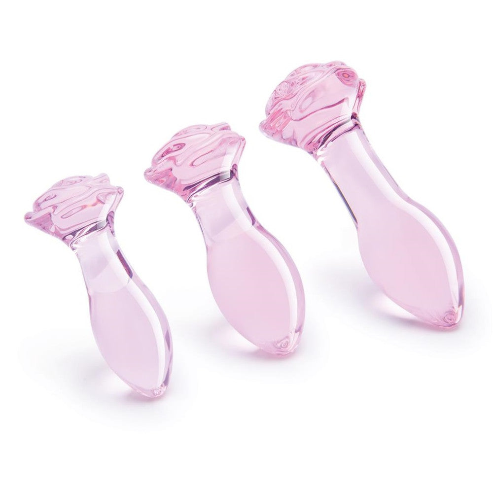 Set of 3 Rosebud glass butt plugs