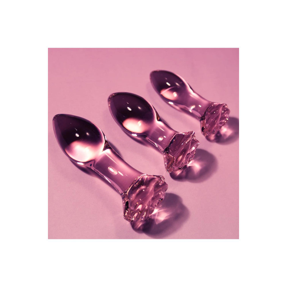 Set of 3 Rosebud glass butt plugs