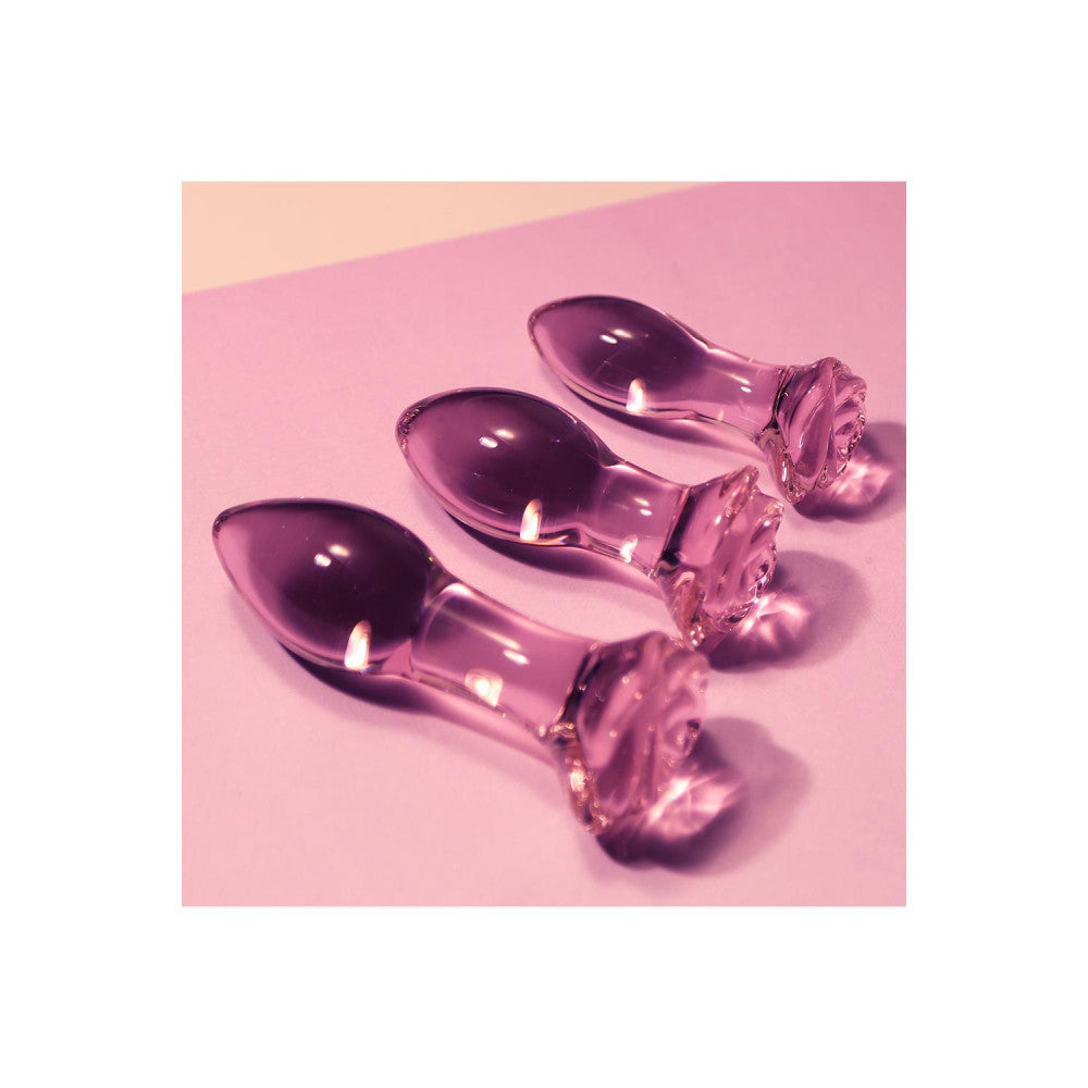 Set of 3 Rosebud glass butt plugs