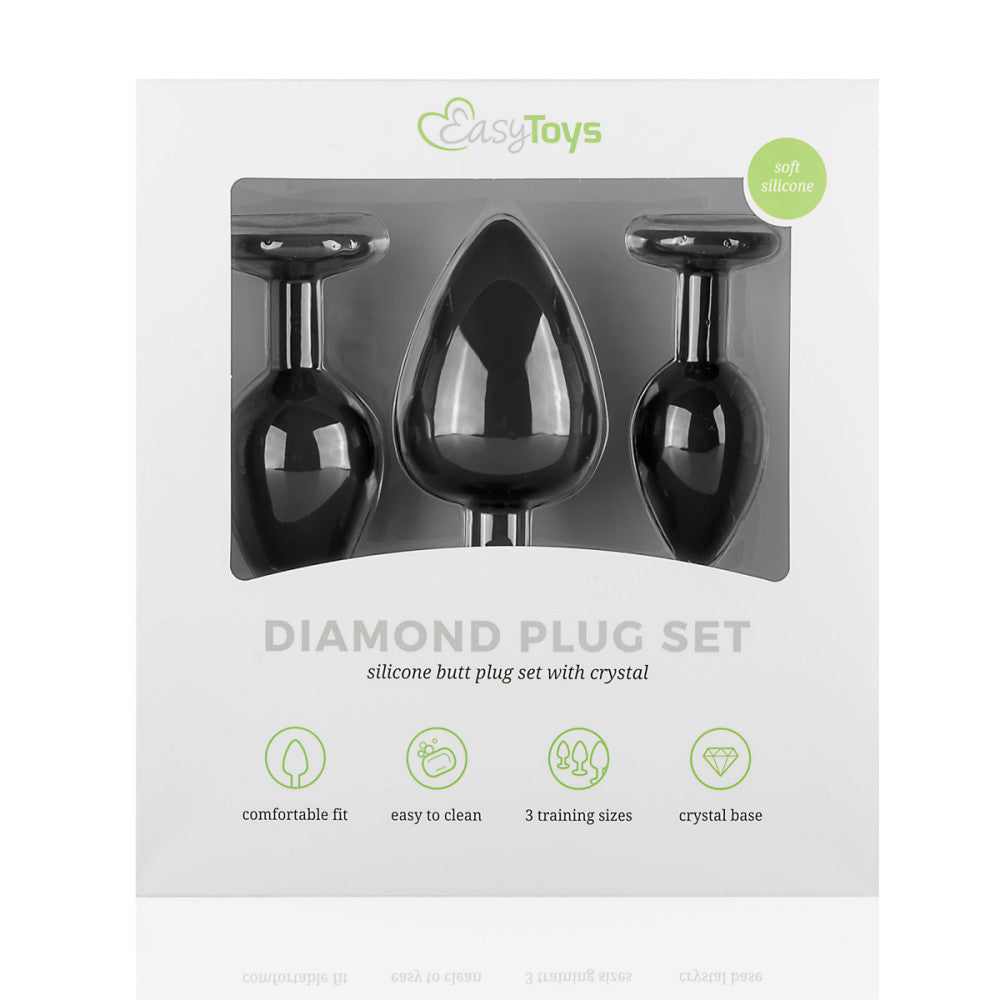 Set of 3 pcs. silicone butt plugs with Diamond crystal black