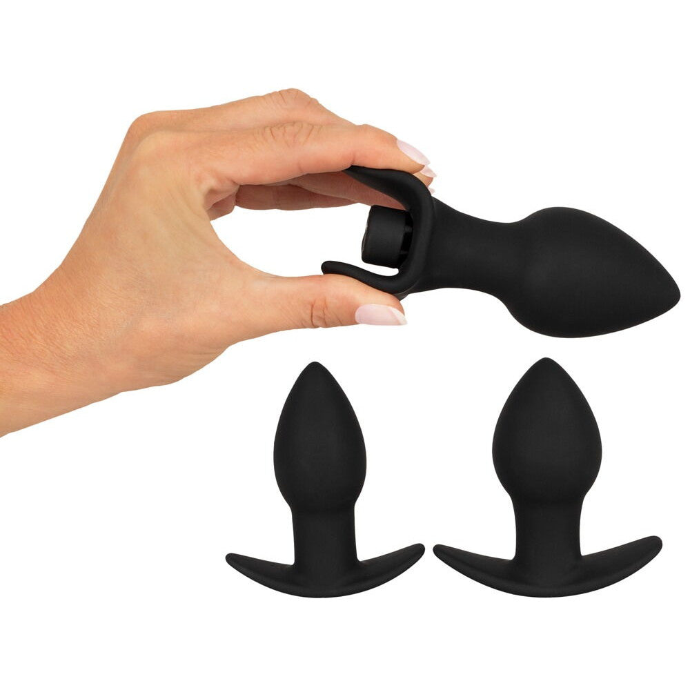 Set of 3 silicone Butt Plugs with rechargeable bullet vibrator Black Velvets