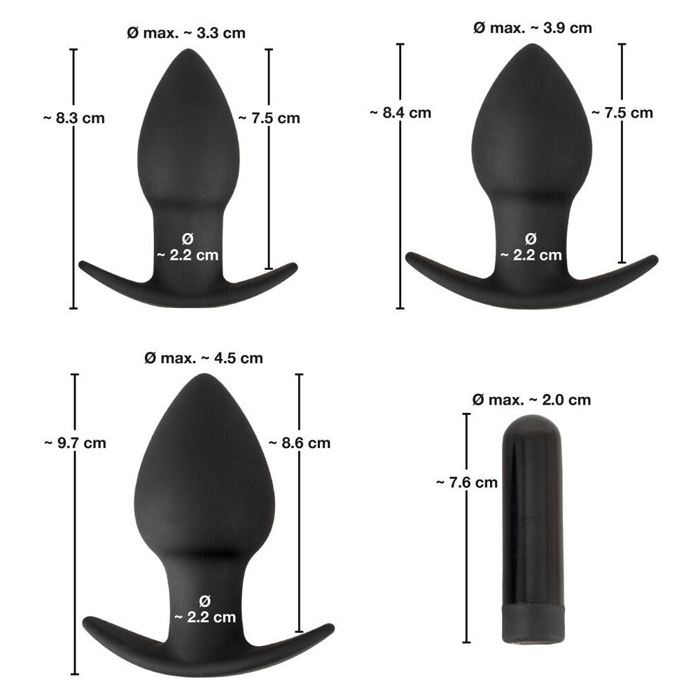 Set of 3 silicone Butt Plugs with rechargeable bullet vibrator Black Velvets