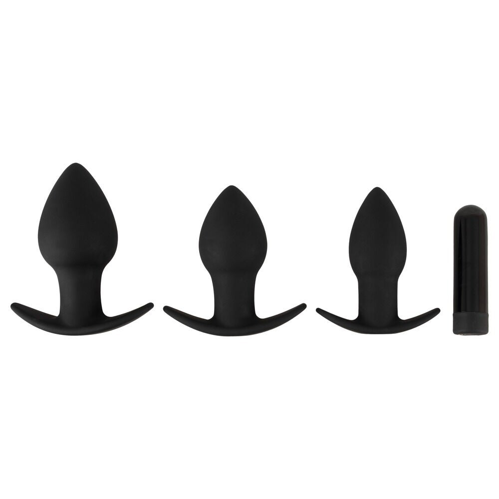 Set of 3 silicone Butt Plugs with rechargeable bullet vibrator Black Velvets