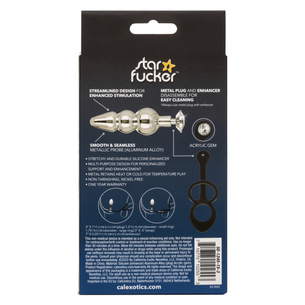Star Fucker Beaded Crystal Metal Butt Plug with Silicone Cock & Balls Rings