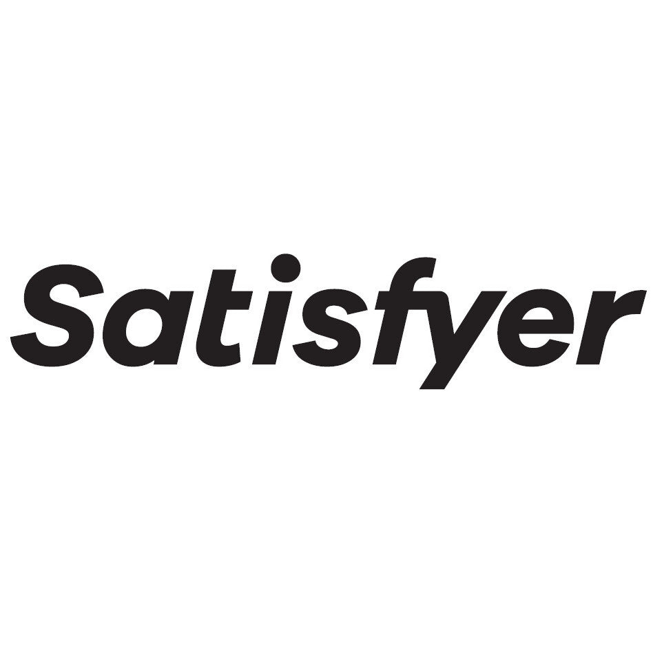 A logo in sentence case bold italic font. Reads Satisfyer.